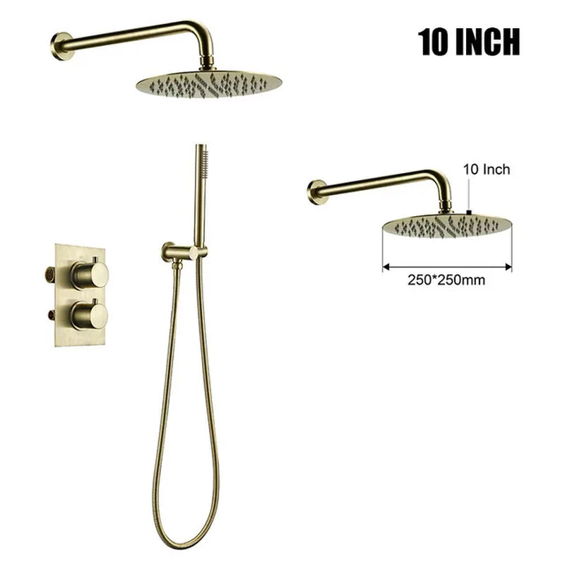 Brushed Gold Thermostatic Mixer Diverter Set Bath Bathroom Shower Head Rianfall Luxury Combo Faucet Wall Mount Arm