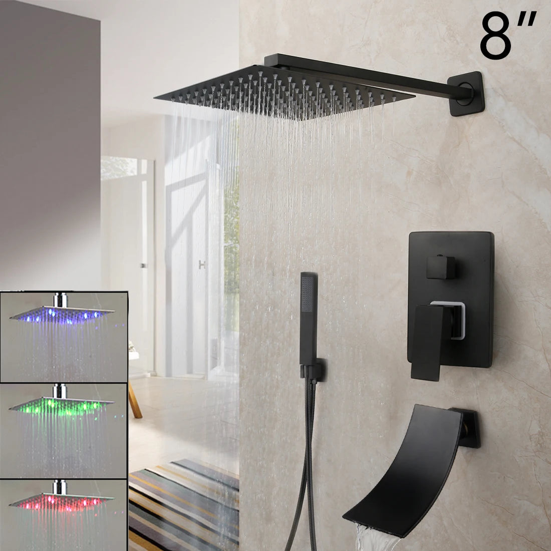 KEMAIDI Matte Black Bathroom Shower Faucet Rainfall Tub LED Bathtub Shower Systerm Rain Square Shower Head Waterfall Mixer Tap