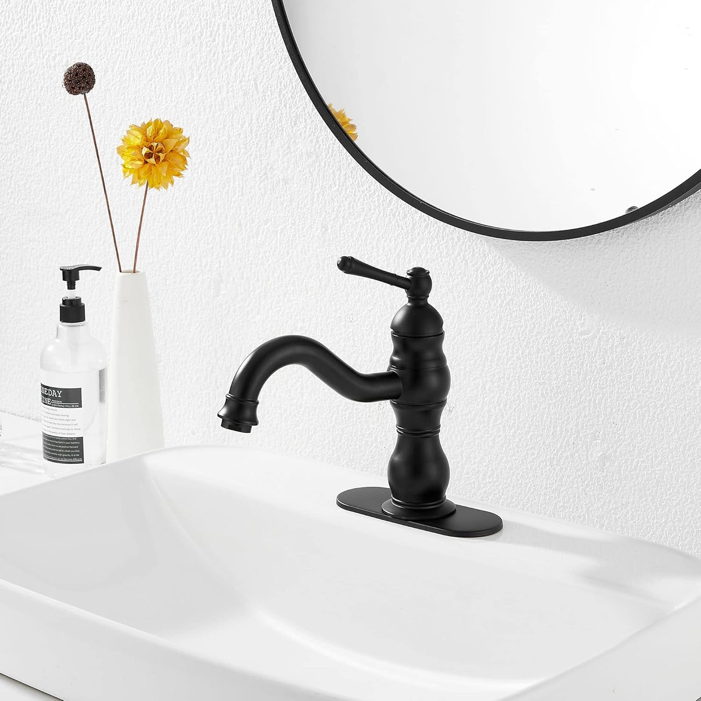Matte Black Bathroom Faucet  360° Swivel Bathroom Vanity Faucet Single Handle One Hole Black Bathroom Sink Faucet Basin Matching Pop up Drain with Overflow