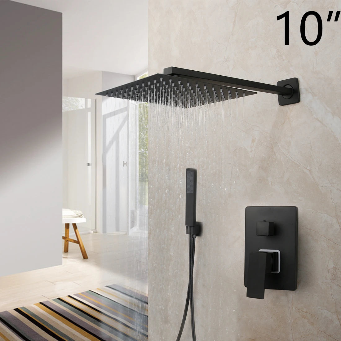 KEMAIDI Matte Black Bathroom Shower Faucet Rainfall Tub LED Bathtub Shower Systerm Rain Square Shower Head Waterfall Mixer Tap