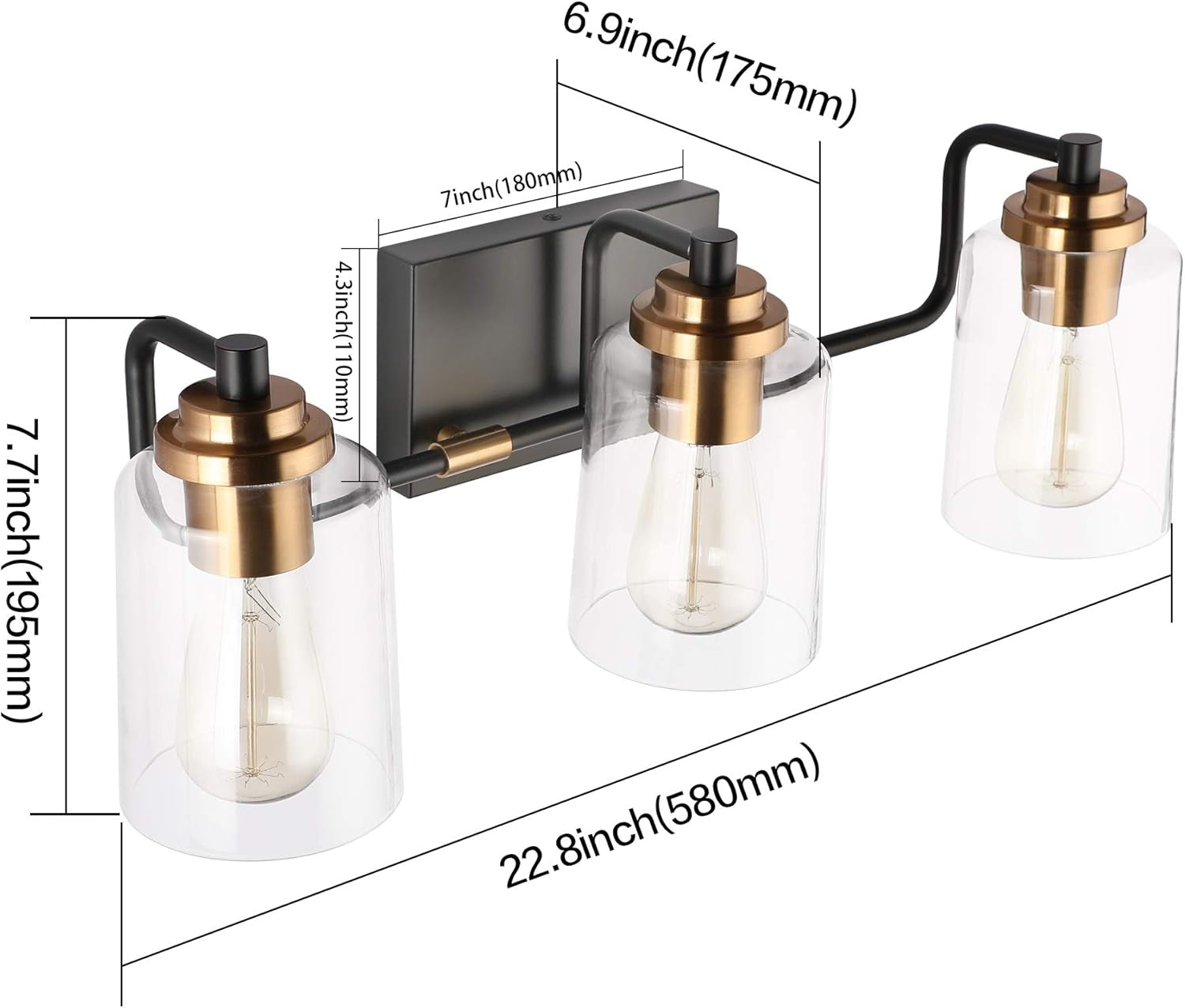Bathroom Light Fixtures 3-Light Vintage Bathroom Vanity Light over Mirror Wall Sconces in Black Brass Vanity Lights for Bath(Brass)