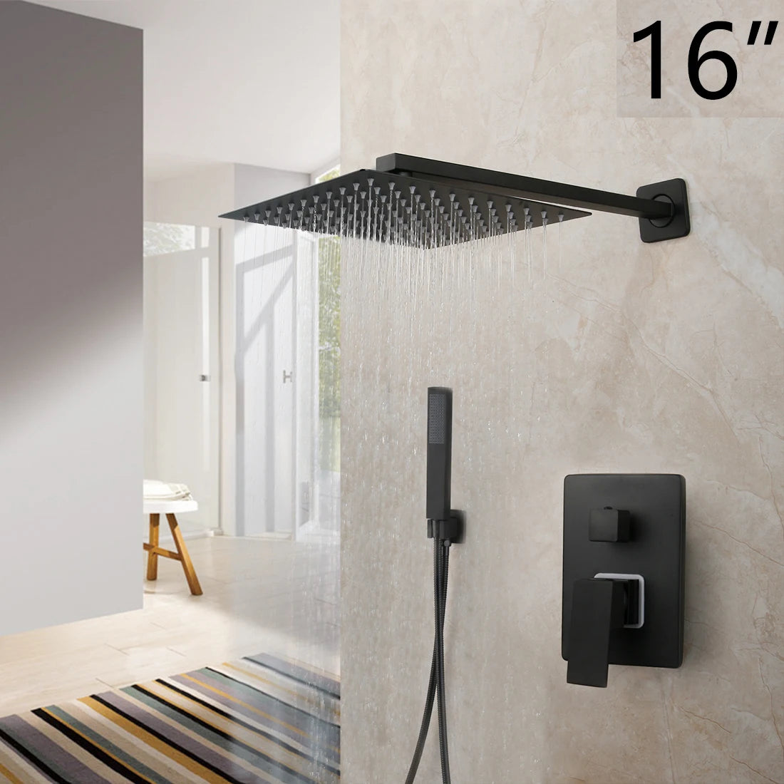 KEMAIDI Matte Black Bathroom Shower Faucet Rainfall Tub LED Bathtub Shower Systerm Rain Square Shower Head Waterfall Mixer Tap