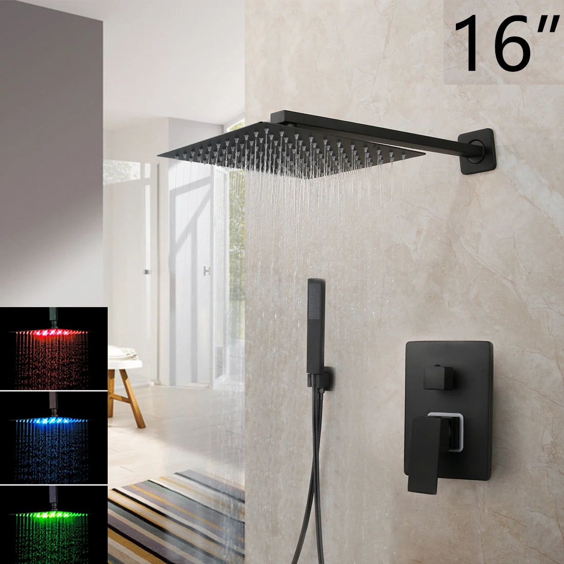 KEMAIDI Matte Black Bathroom Shower Faucet Rainfall Tub LED Bathtub Shower Systerm Rain Square Shower Head Waterfall Mixer Tap