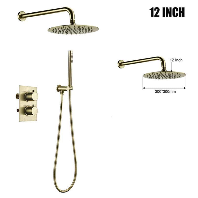 Brushed Gold Thermostatic Mixer Diverter Set Bath Bathroom Shower Head Rianfall Luxury Combo Faucet Wall Mount Arm