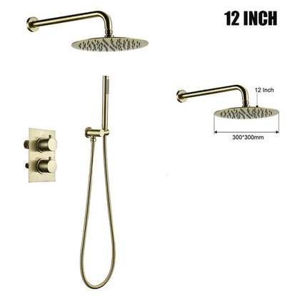 Brushed Gold Thermostatic Mixer Diverter Set Bath Bathroom Shower Head Rianfall Luxury Combo Faucet Wall Mount Arm