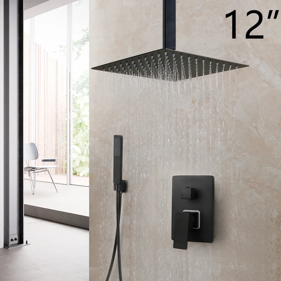 KEMAIDI Matte Black Bathroom Shower Faucet Rainfall Tub LED Bathtub Shower Systerm Rain Square Shower Head Waterfall Mixer Tap