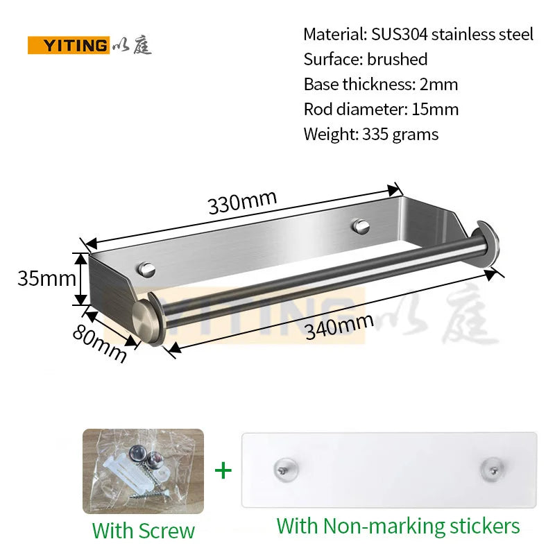 YITING SUS304 Stainless Steel Paper Towel Holder Kitchen Towel Holder Storage Rack Non-Perforated Plastic Wrap Holder 1 Pack