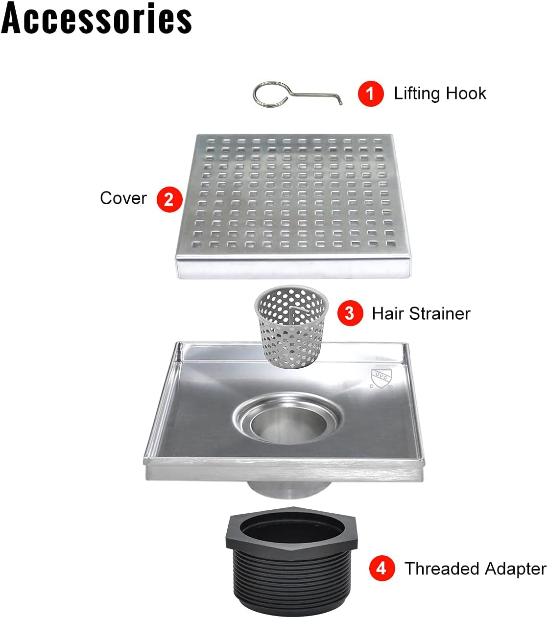 Square Shower Drain 6 Inch Comes with Removable Square Hole Panel by Using 304 Stainless Steel Brushed Process. It Is Equipped Hair Filter and Threaded Joint with Rubber Ring