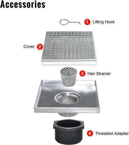 Square Shower Drain 6 Inch Comes with Removable Square Hole Panel by Using 304 Stainless Steel Brushed Process. It Is Equipped Hair Filter and Threaded Joint with Rubber Ring
