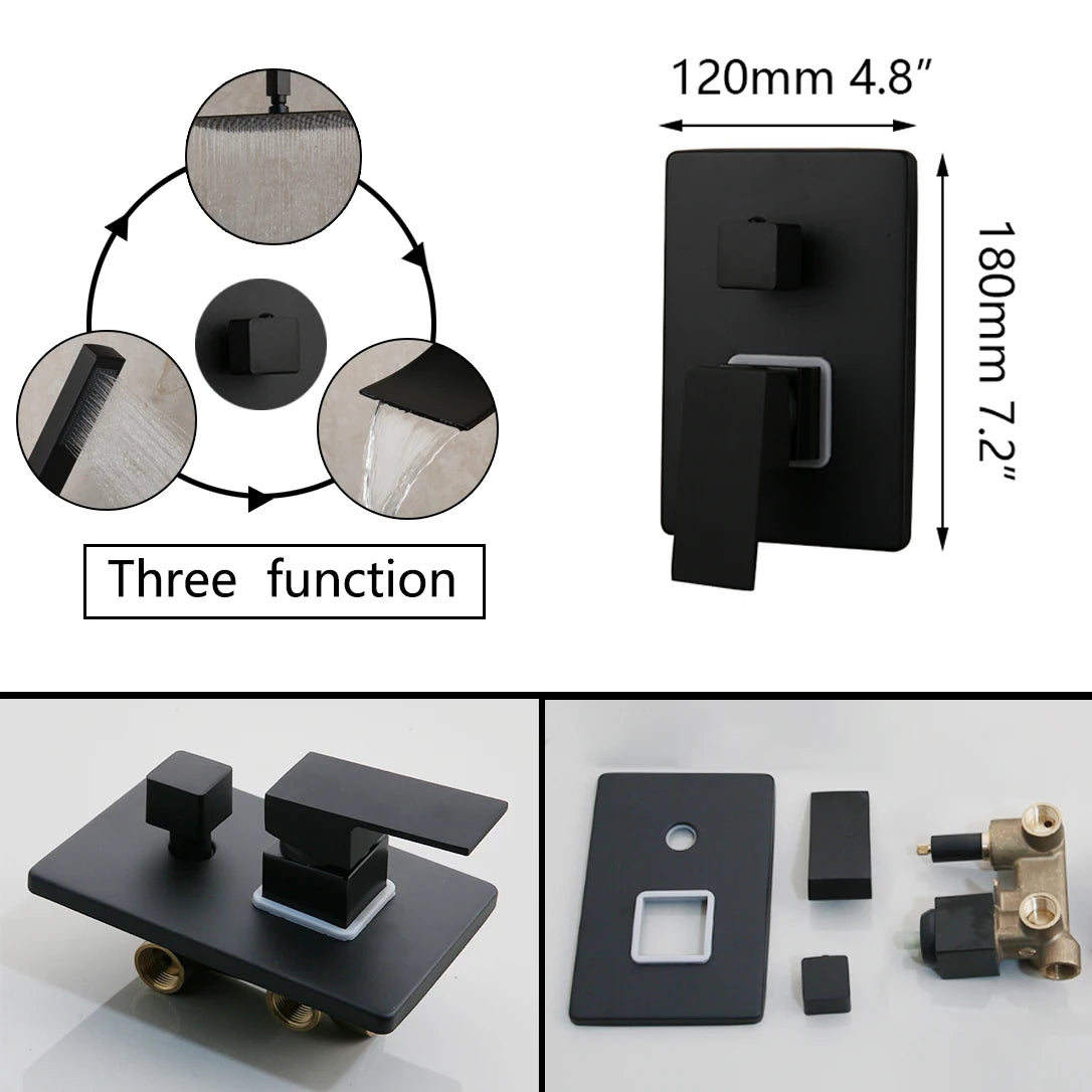 KEMAIDI Matte Black Bathroom Shower Faucet Rainfall Tub LED Bathtub Shower Systerm Rain Square Shower Head Waterfall Mixer Tap