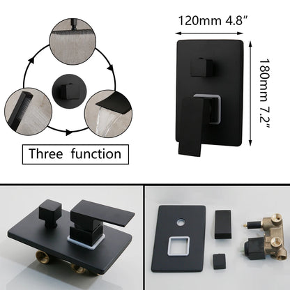 KEMAIDI Matte Black Bathroom Shower Faucet Rainfall Tub LED Bathtub Shower Systerm Rain Square Shower Head Waterfall Mixer Tap