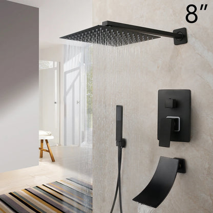 KEMAIDI Matte Black Bathroom Shower Faucet Rainfall Tub LED Bathtub Shower Systerm Rain Square Shower Head Waterfall Mixer Tap