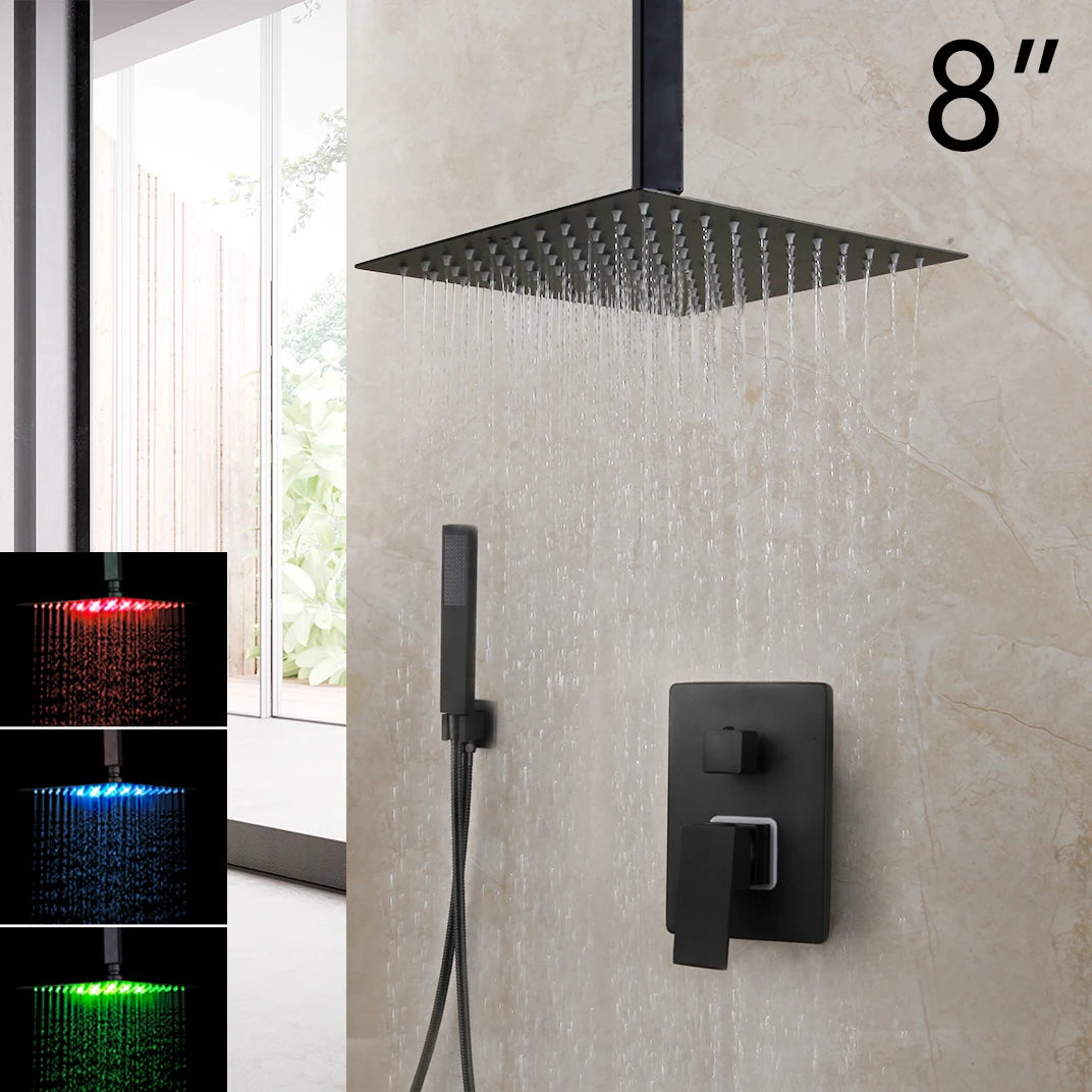 KEMAIDI Matte Black Bathroom Shower Faucet Rainfall Tub LED Bathtub Shower Systerm Rain Square Shower Head Waterfall Mixer Tap