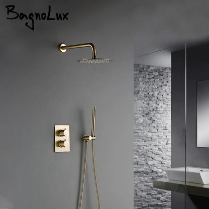 Brushed Gold Thermostatic Mixer Diverter Set Bath Bathroom Shower Head Rianfall Luxury Combo Faucet Wall Mount Arm