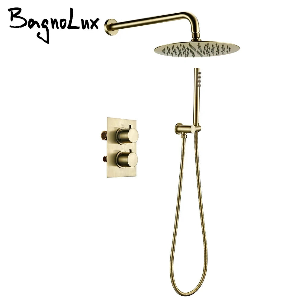 Brushed Gold Thermostatic Mixer Diverter Set Bath Bathroom Shower Head Rianfall Luxury Combo Faucet Wall Mount Arm