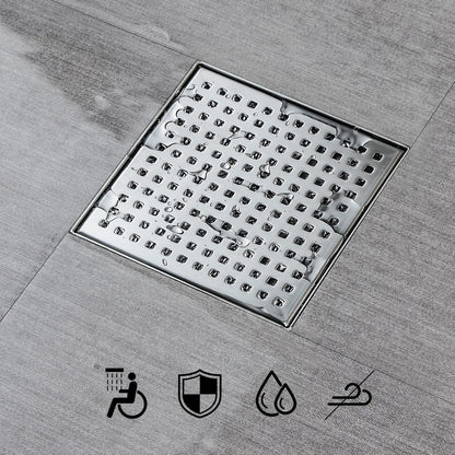 Square Shower Drain 6 Inch Comes with Removable Square Hole Panel by Using 304 Stainless Steel Brushed Process. It Is Equipped Hair Filter and Threaded Joint with Rubber Ring