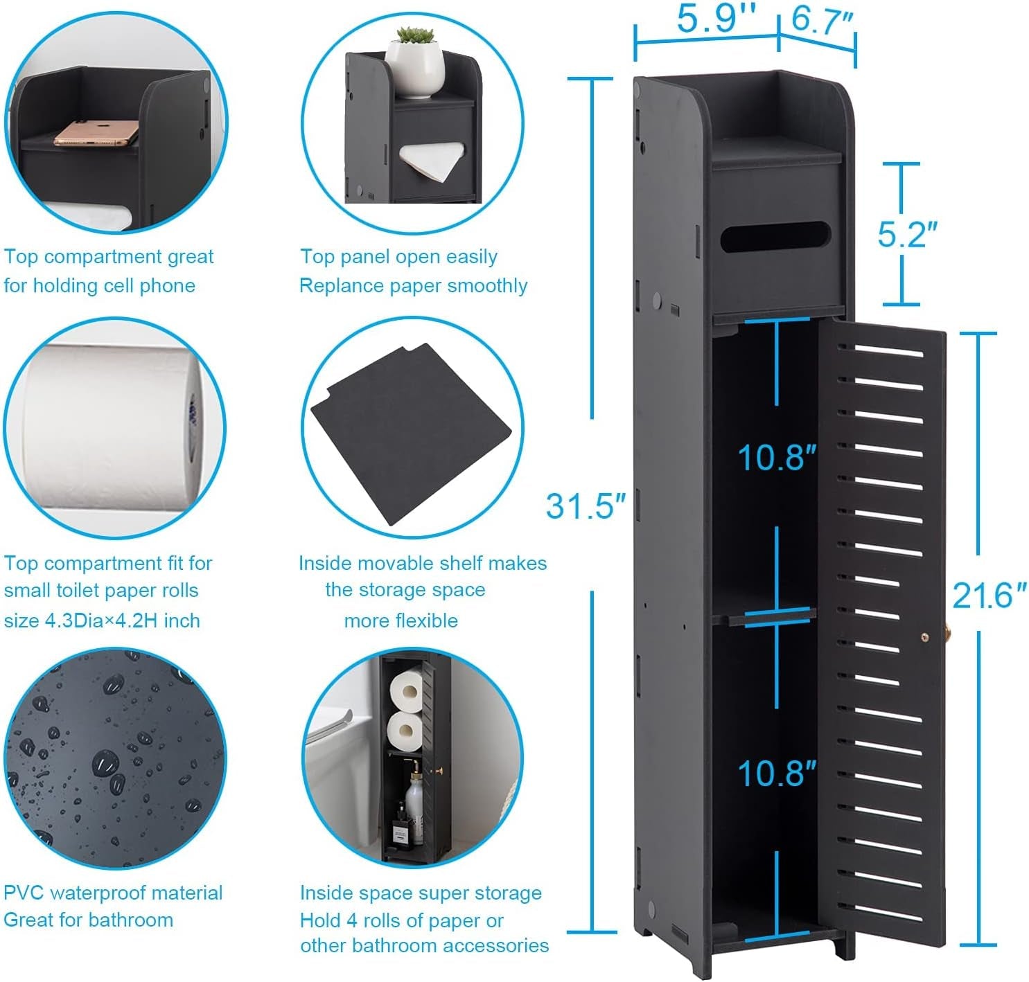Small Bathroom Storage Cabinet: Bathroom Toilet Paper Cabinet Fit for Small Roll,Black