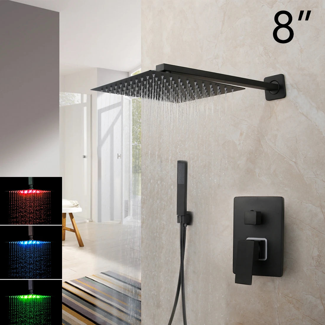 KEMAIDI Matte Black Bathroom Shower Faucet Rainfall Tub LED Bathtub Shower Systerm Rain Square Shower Head Waterfall Mixer Tap