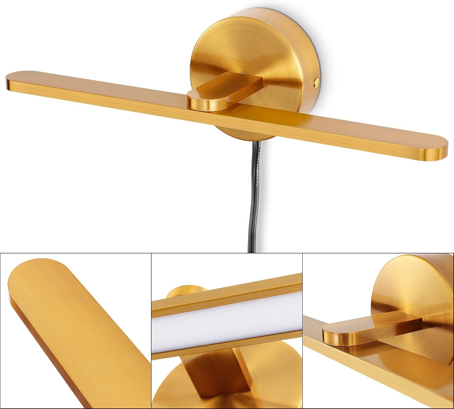 Plug in LED Wall Lamps, 16Inch Vanity Lighting Fixtures for Wall, Modern Bathroom Lighting Fixtures over Mirror, Wall Picture Lighting Sconces for Bedroom, 12W 3000K Brass Indoor Wall Lamps