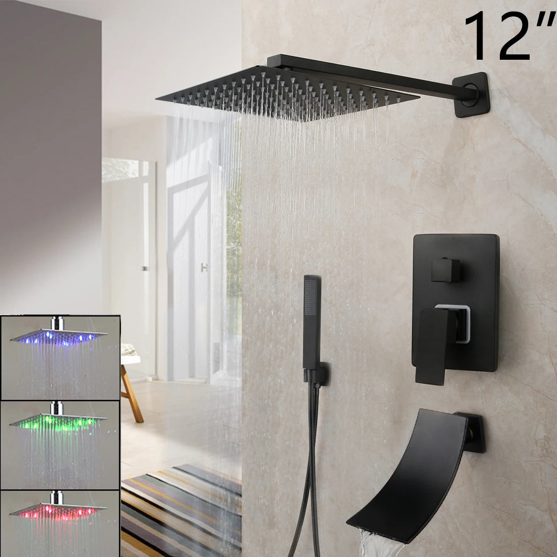 KEMAIDI Matte Black Bathroom Shower Faucet Rainfall Tub LED Bathtub Shower Systerm Rain Square Shower Head Waterfall Mixer Tap