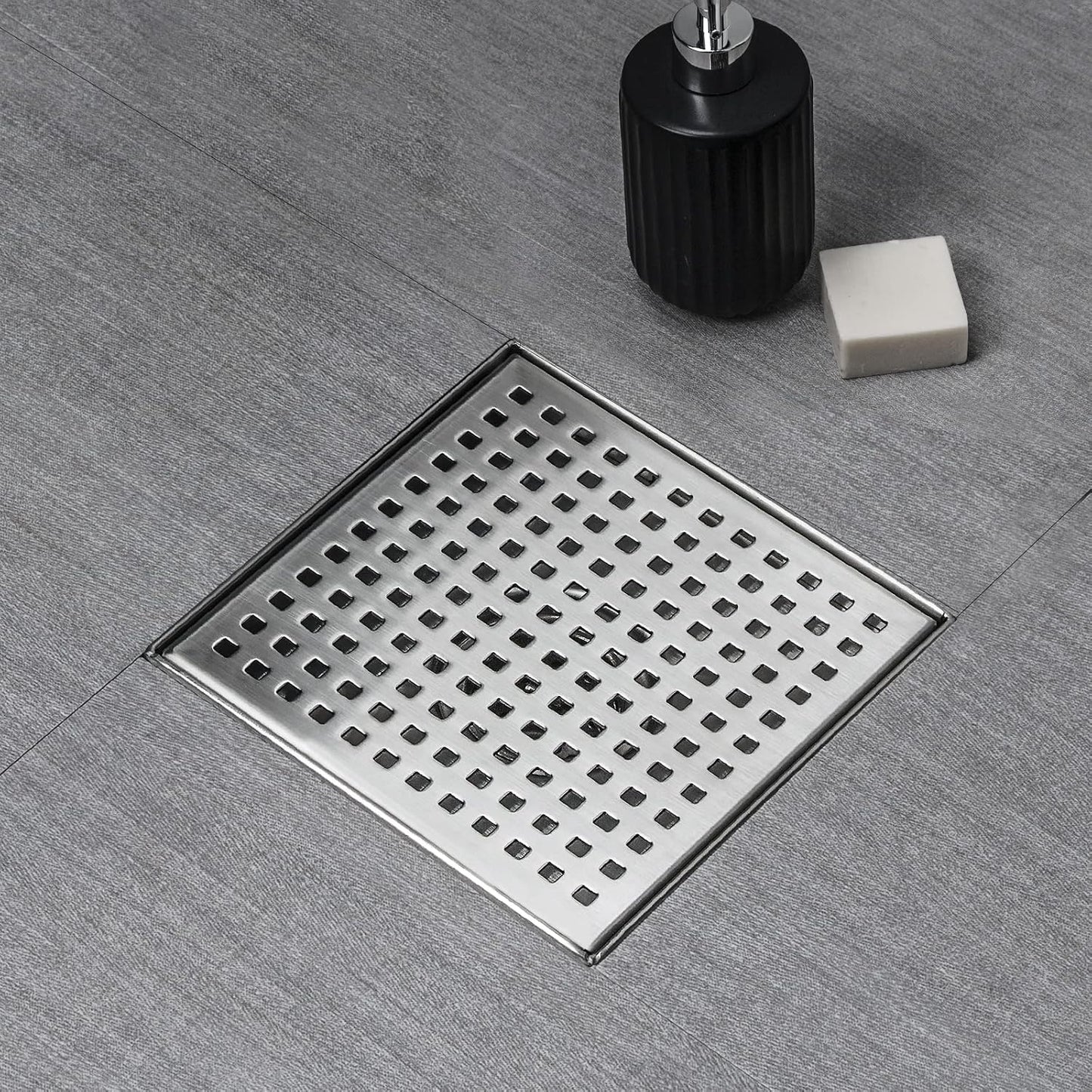 Square Shower Drain 6 Inch Comes with Removable Square Hole Panel by Using 304 Stainless Steel Brushed Process. It Is Equipped Hair Filter and Threaded Joint with Rubber Ring