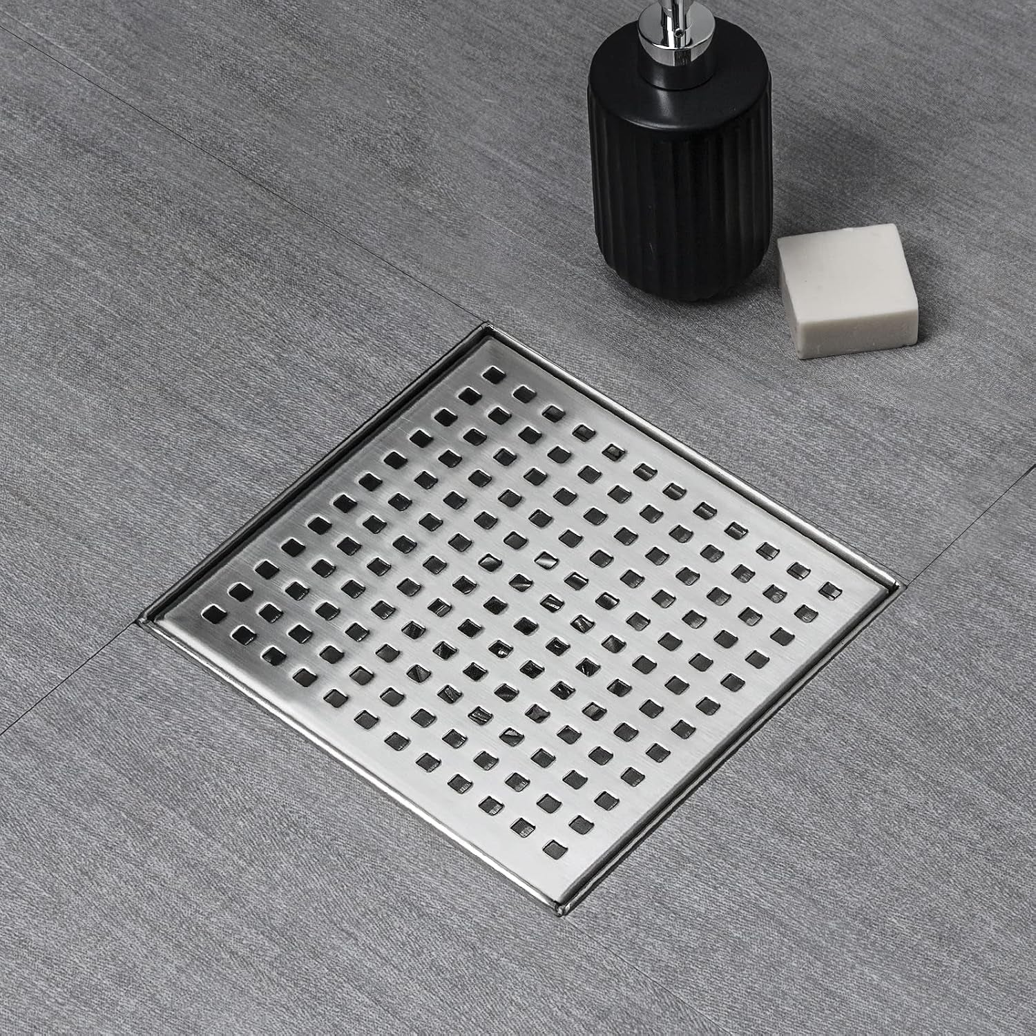 Square Shower Drain 6 Inch Comes with Removable Square Hole Panel by Using 304 Stainless Steel Brushed Process. It Is Equipped Hair Filter and Threaded Joint with Rubber Ring