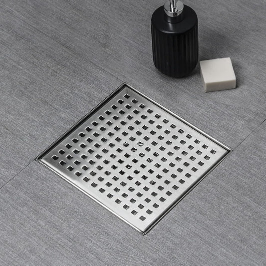 Square Shower Drain 6 Inch Comes with Removable Square Hole Panel by Using 304 Stainless Steel Brushed Process. It Is Equipped Hair Filter and Threaded Joint with Rubber Ring