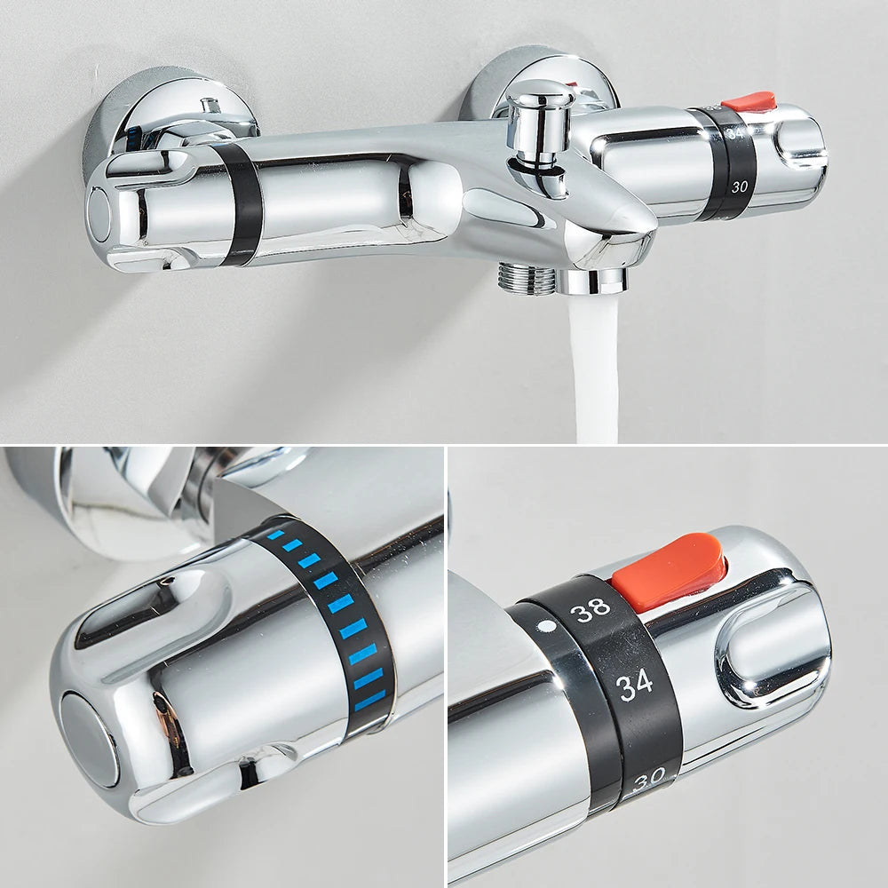 Chrome Thermostatic Shower Faucets Set Bathroom Thermostatic Mixer Tap Hot and Cold Bathroom Mixer Mixing Valve Bathtub Faucet