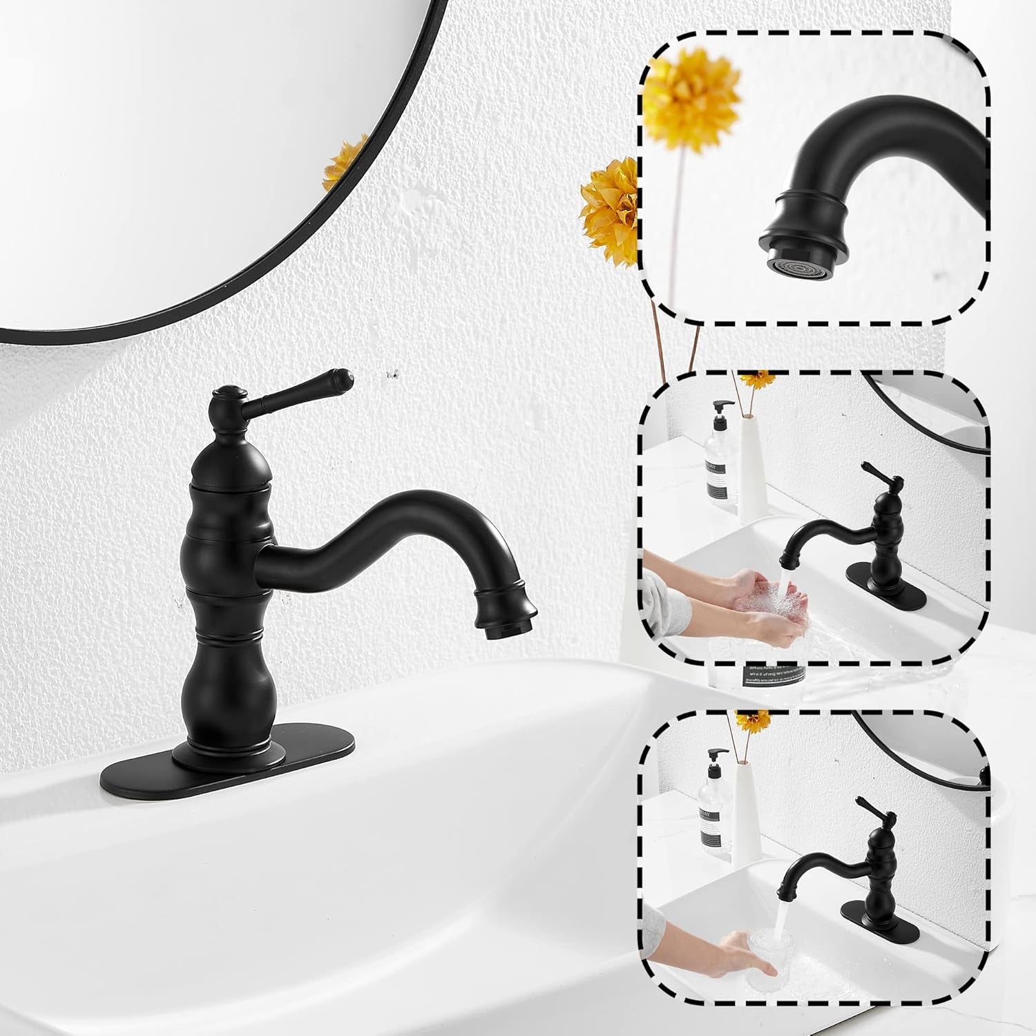 Matte Black Bathroom Faucet  360° Swivel Bathroom Vanity Faucet Single Handle One Hole Black Bathroom Sink Faucet Basin Matching Pop up Drain with Overflow