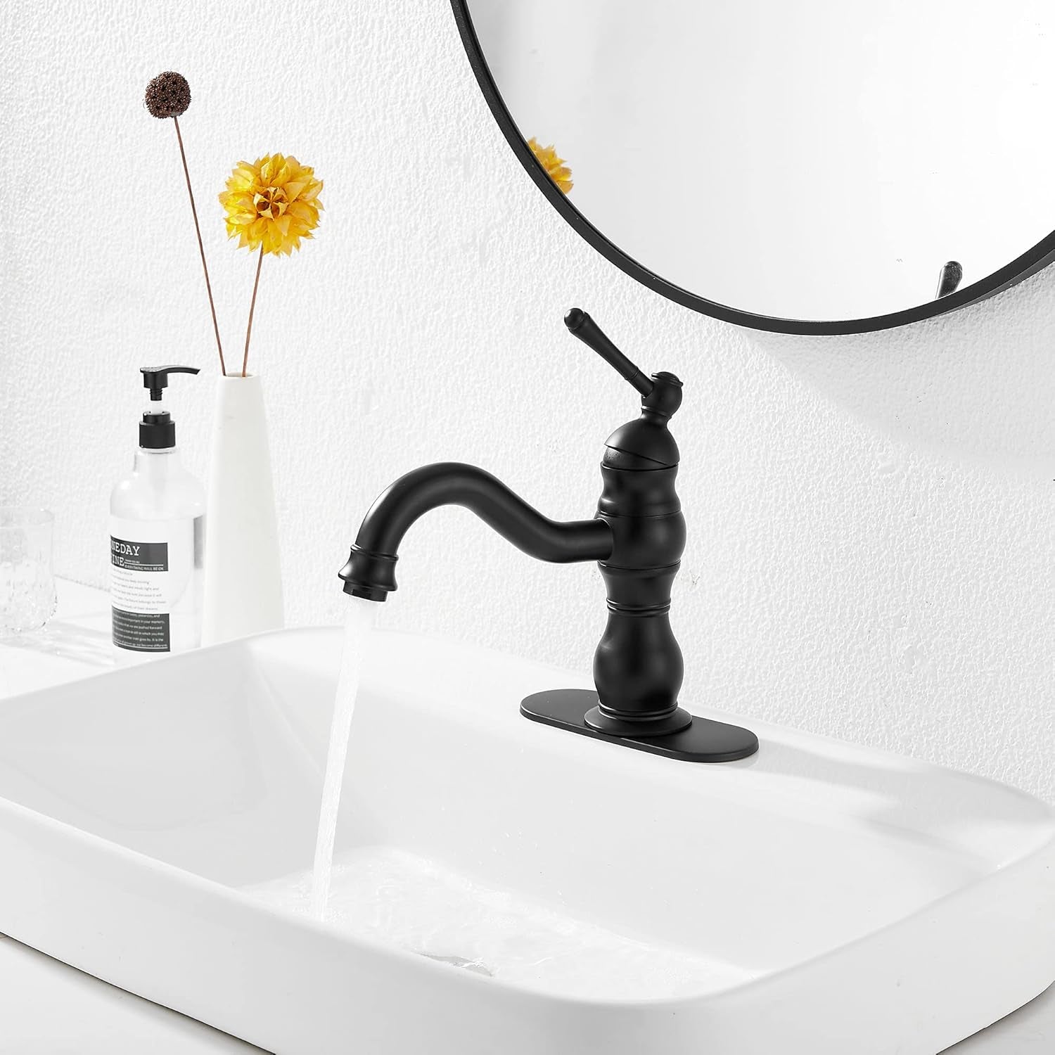 Matte Black Bathroom Faucet  360° Swivel Bathroom Vanity Faucet Single Handle One Hole Black Bathroom Sink Faucet Basin Matching Pop up Drain with Overflow