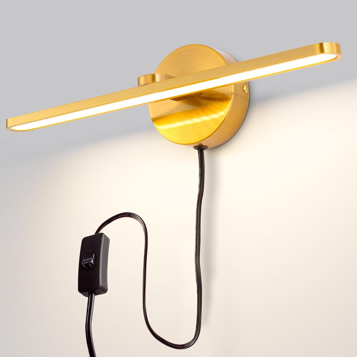 Plug in LED Wall Lamps, 16Inch Vanity Lighting Fixtures for Wall, Modern Bathroom Lighting Fixtures over Mirror, Wall Picture Lighting Sconces for Bedroom, 12W 3000K Brass Indoor Wall Lamps