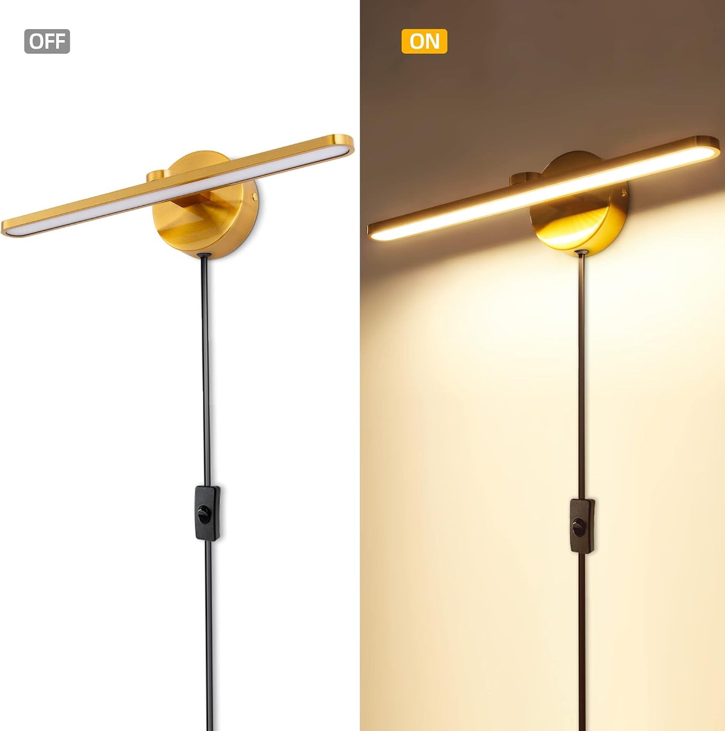 Plug in LED Wall Lamps, 16Inch Vanity Lighting Fixtures for Wall, Modern Bathroom Lighting Fixtures over Mirror, Wall Picture Lighting Sconces for Bedroom, 12W 3000K Brass Indoor Wall Lamps