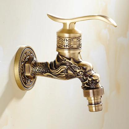 Antique Brass Dragon Carved Tap Faucet Garden Bibcock Washing Machine Faucet Outdoor Faucet Single Cold Tap 1016