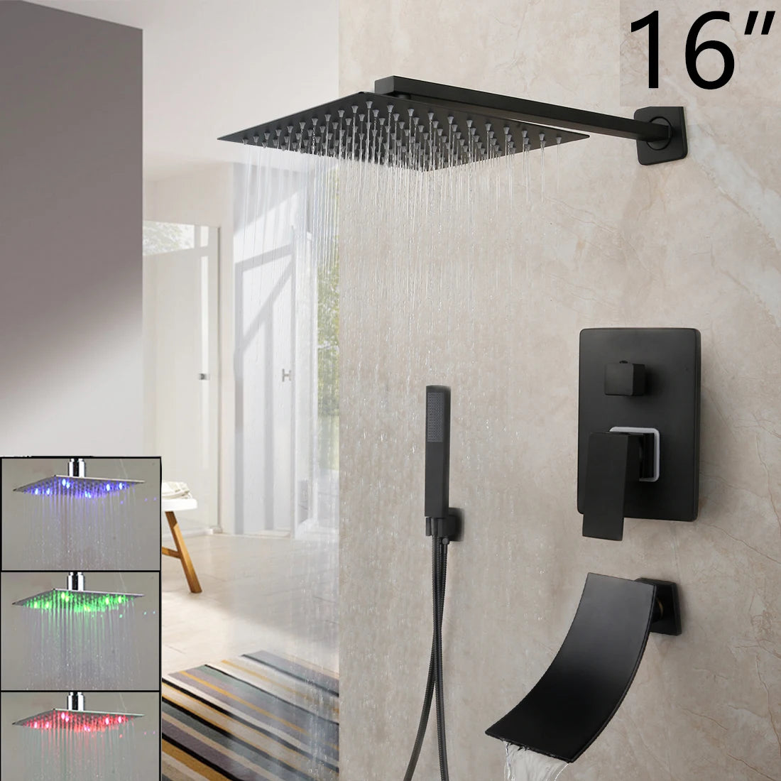 KEMAIDI Matte Black Bathroom Shower Faucet Rainfall Tub LED Bathtub Shower Systerm Rain Square Shower Head Waterfall Mixer Tap