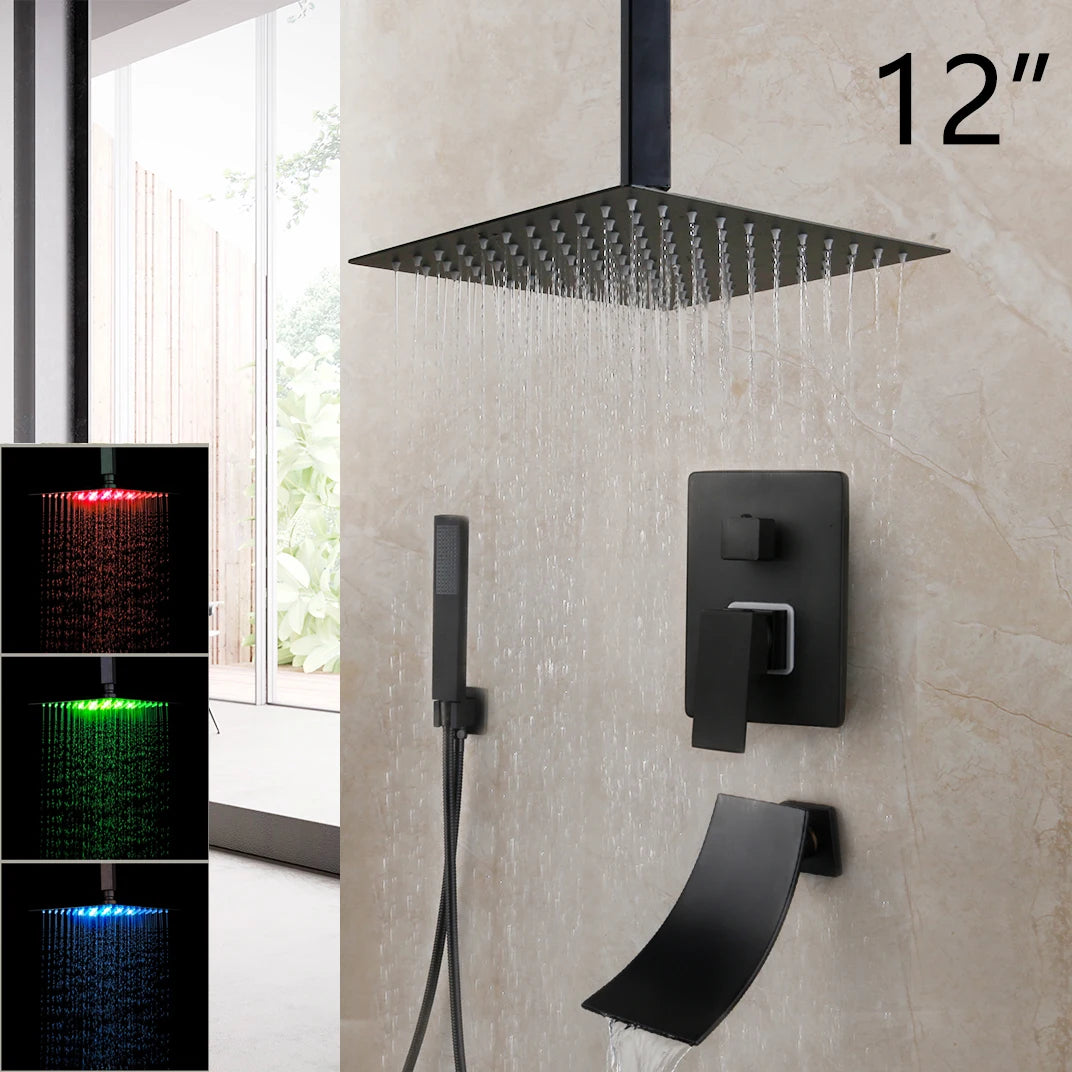 KEMAIDI Matte Black Bathroom Shower Faucet Rainfall Tub LED Bathtub Shower Systerm Rain Square Shower Head Waterfall Mixer Tap