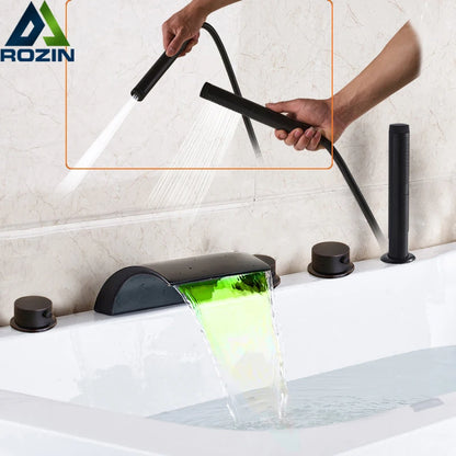 Bronze Black Waterfall Bathtub Faucet Led Light Bathtub Shower Mixer Set Deck Mounted 5Pc Widespread Bath Tub Sink Faucet