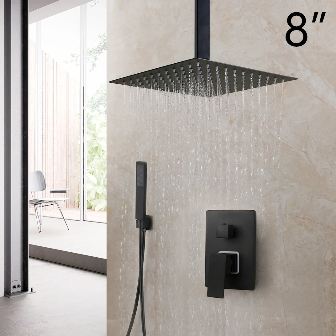 KEMAIDI Matte Black Bathroom Shower Faucet Rainfall Tub LED Bathtub Shower Systerm Rain Square Shower Head Waterfall Mixer Tap