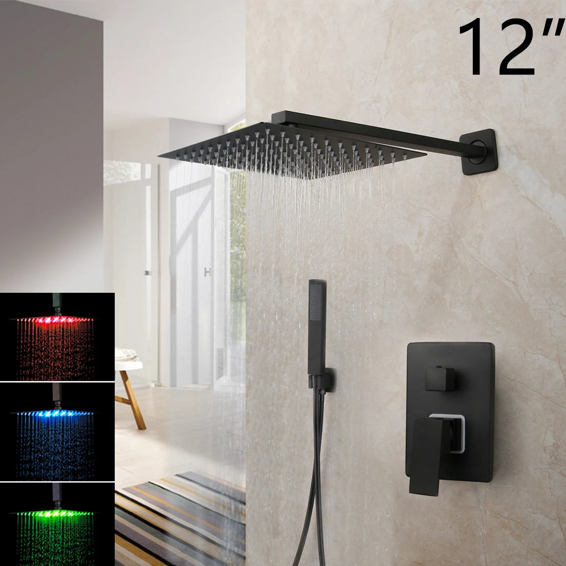 KEMAIDI Matte Black Bathroom Shower Faucet Rainfall Tub LED Bathtub Shower Systerm Rain Square Shower Head Waterfall Mixer Tap