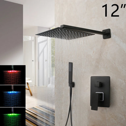 KEMAIDI Matte Black Bathroom Shower Faucet Rainfall Tub LED Bathtub Shower Systerm Rain Square Shower Head Waterfall Mixer Tap
