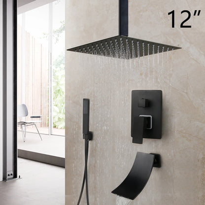 KEMAIDI Matte Black Bathroom Shower Faucet Rainfall Tub LED Bathtub Shower Systerm Rain Square Shower Head Waterfall Mixer Tap