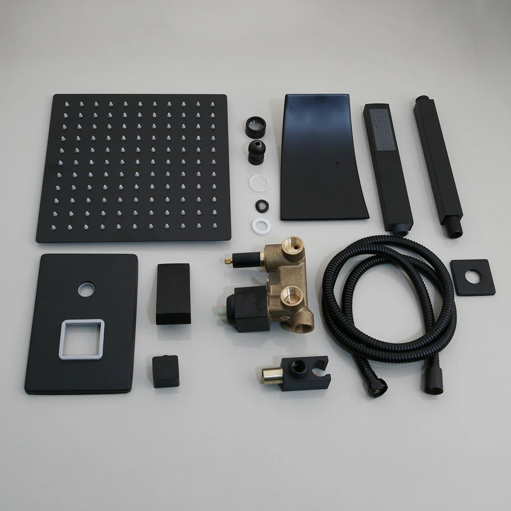 KEMAIDI Matte Black Bathroom Shower Faucet Rainfall Tub LED Bathtub Shower Systerm Rain Square Shower Head Waterfall Mixer Tap