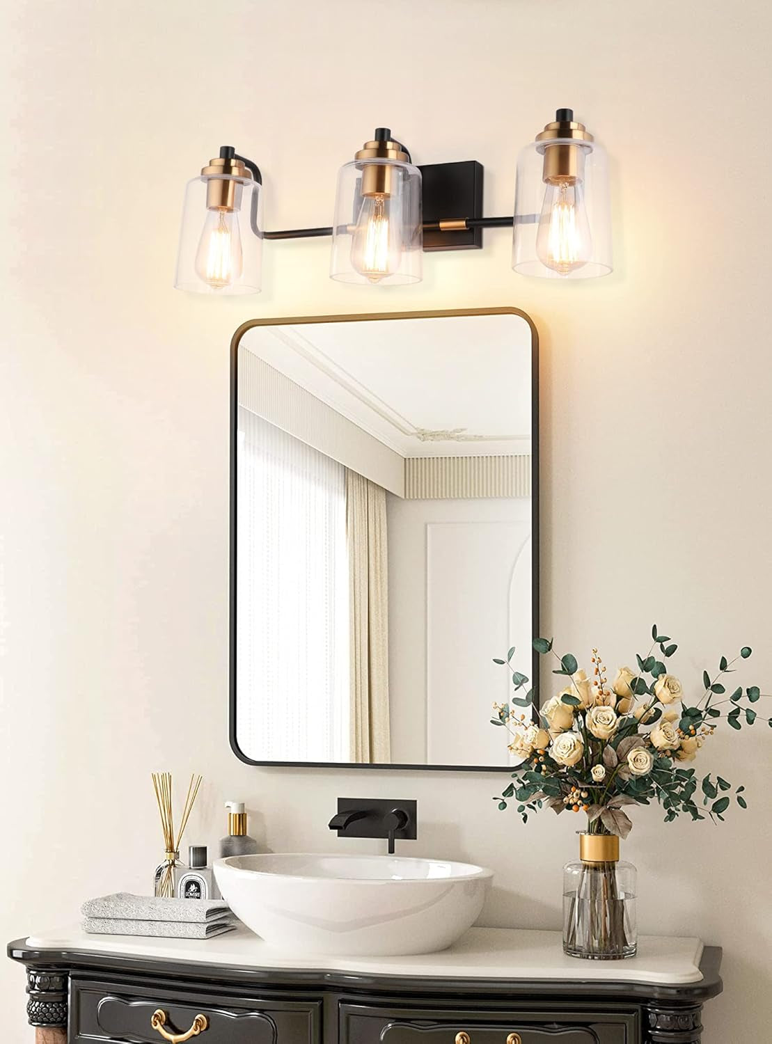 Bathroom Light Fixtures 3-Light Vintage Bathroom Vanity Light over Mirror Wall Sconces in Black Brass Vanity Lights for Bath(Brass)