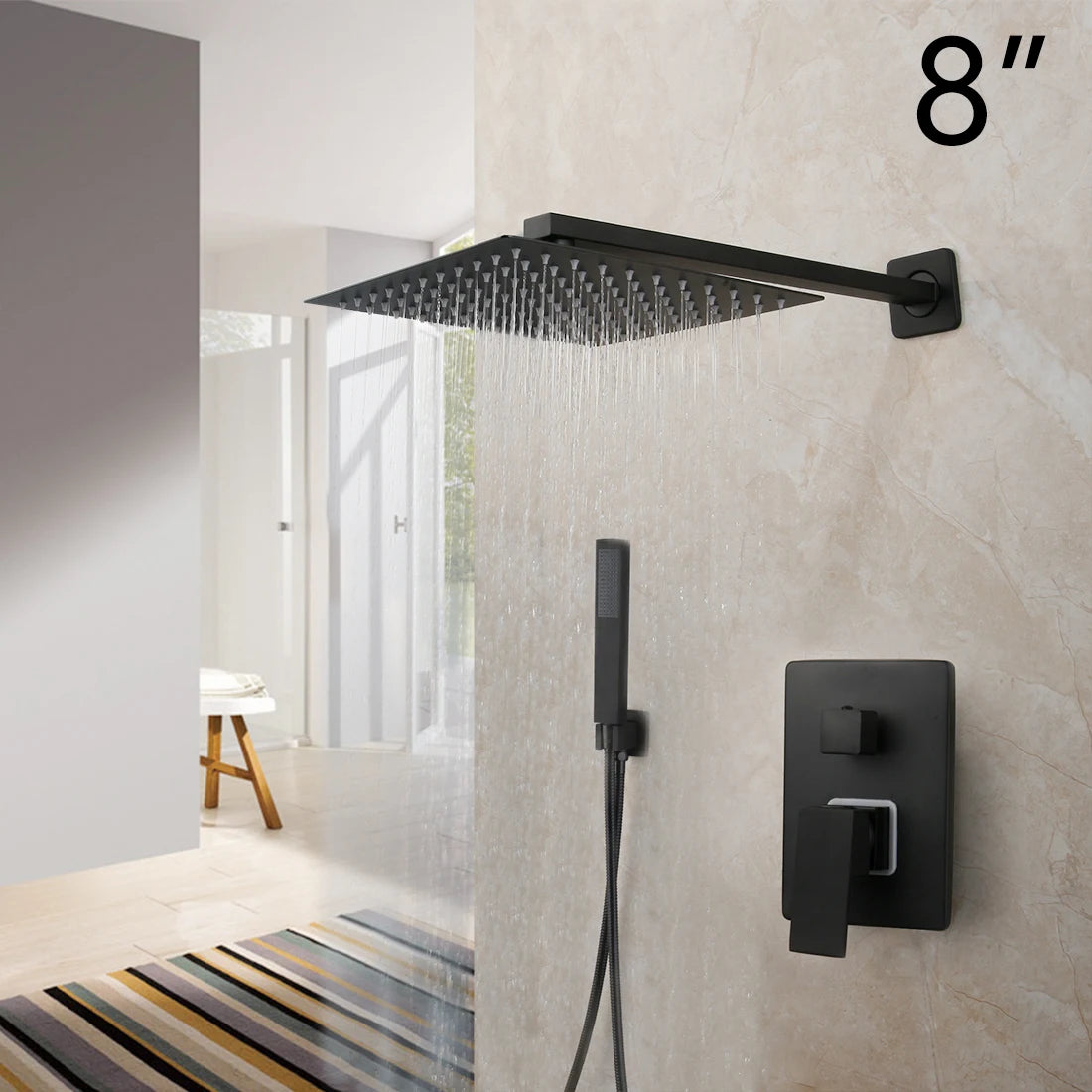 KEMAIDI Matte Black Bathroom Shower Faucet Rainfall Tub LED Bathtub Shower Systerm Rain Square Shower Head Waterfall Mixer Tap