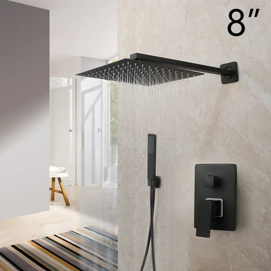 KEMAIDI Matte Black Bathroom Shower Faucet Rainfall Tub LED Bathtub Shower Systerm Rain Square Shower Head Waterfall Mixer Tap