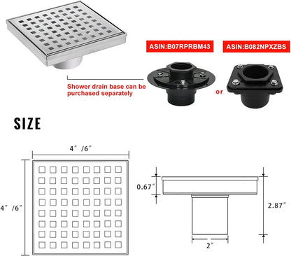 Square Shower Drain 6 Inch Comes with Removable Square Hole Panel by Using 304 Stainless Steel Brushed Process. It Is Equipped Hair Filter and Threaded Joint with Rubber Ring