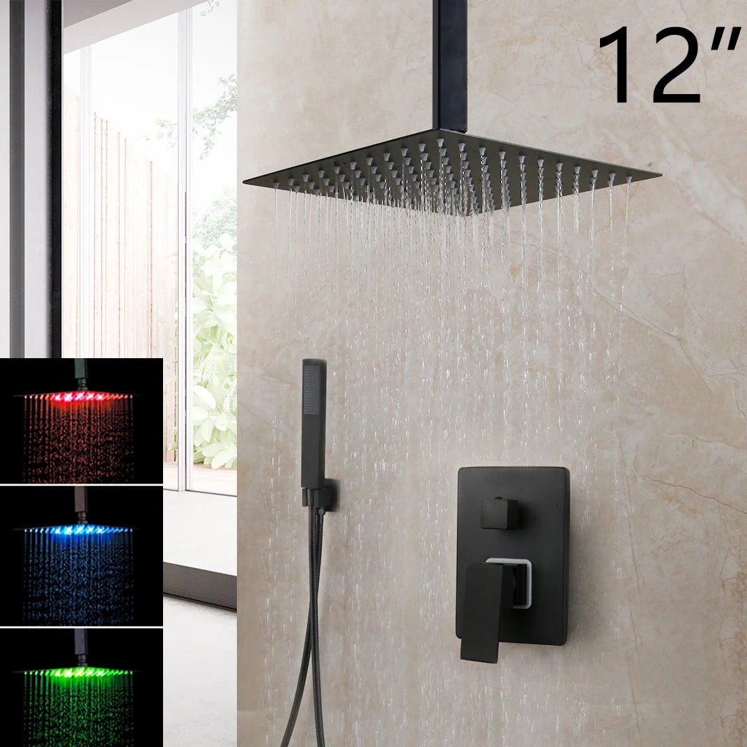 KEMAIDI Matte Black Bathroom Shower Faucet Rainfall Tub LED Bathtub Shower Systerm Rain Square Shower Head Waterfall Mixer Tap