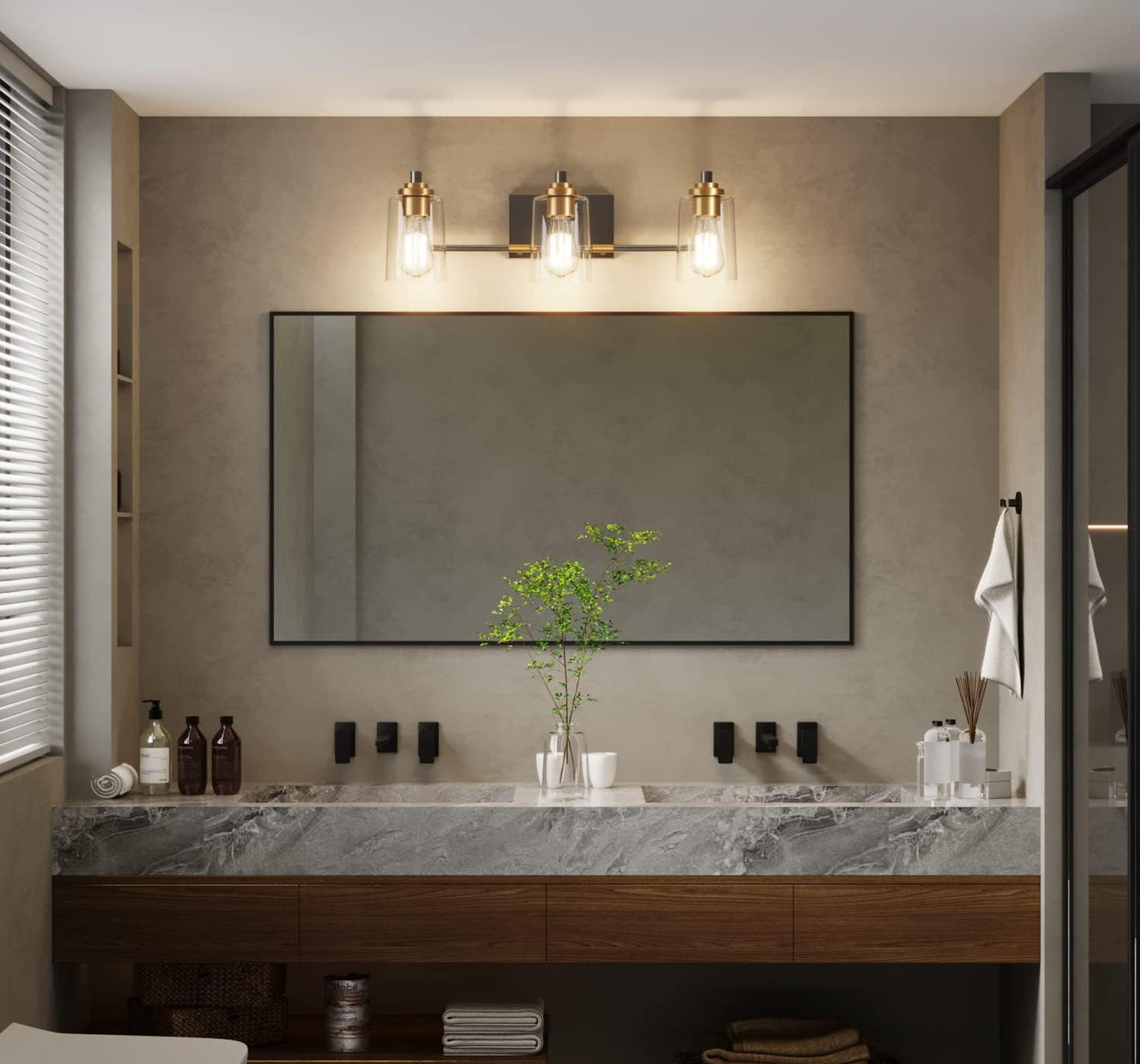 Bathroom Light Fixtures 3-Light Vintage Bathroom Vanity Light over Mirror Wall Sconces in Black Brass Vanity Lights for Bath(Brass)