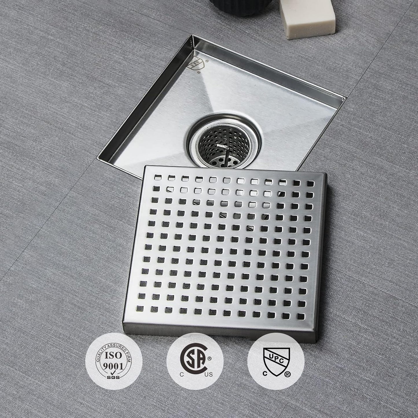 Square Shower Drain 6 Inch Comes with Removable Square Hole Panel by Using 304 Stainless Steel Brushed Process. It Is Equipped Hair Filter and Threaded Joint with Rubber Ring