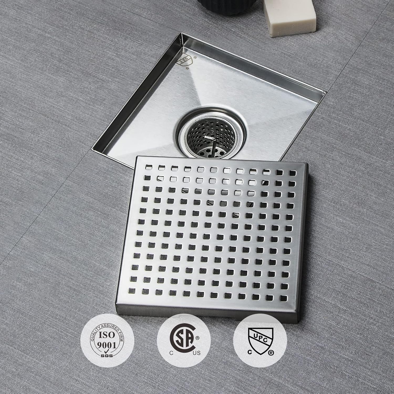 Square Shower Drain 6 Inch Comes with Removable Square Hole Panel by Using 304 Stainless Steel Brushed Process. It Is Equipped Hair Filter and Threaded Joint with Rubber Ring