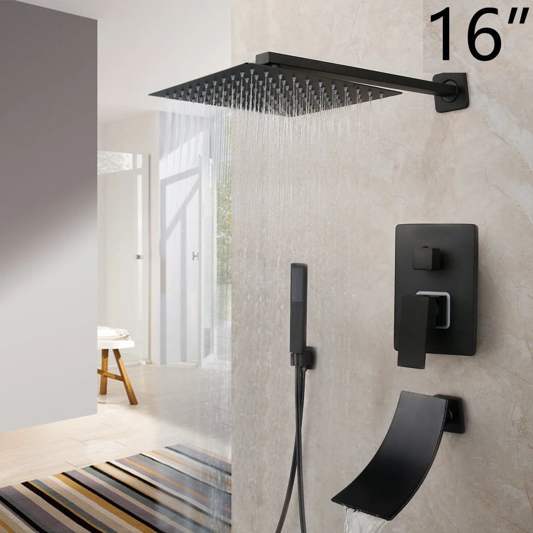 KEMAIDI Matte Black Bathroom Shower Faucet Rainfall Tub LED Bathtub Shower Systerm Rain Square Shower Head Waterfall Mixer Tap